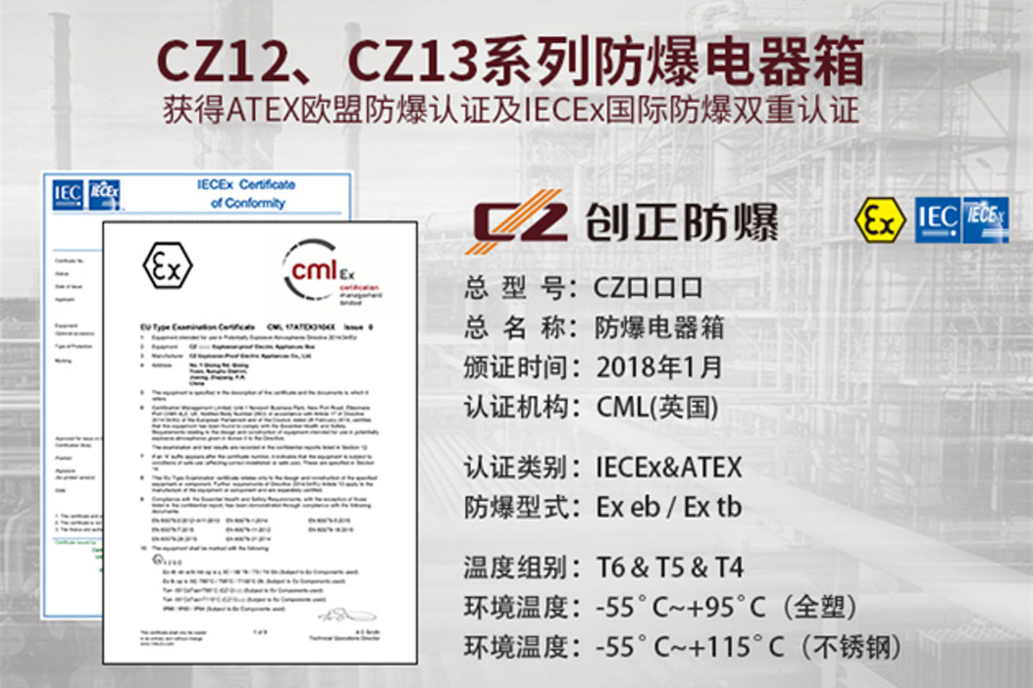 CZ12、CZ13系列防爆电器箱获得ATEX欧盟防爆认证及IECEx国际防爆双重认证